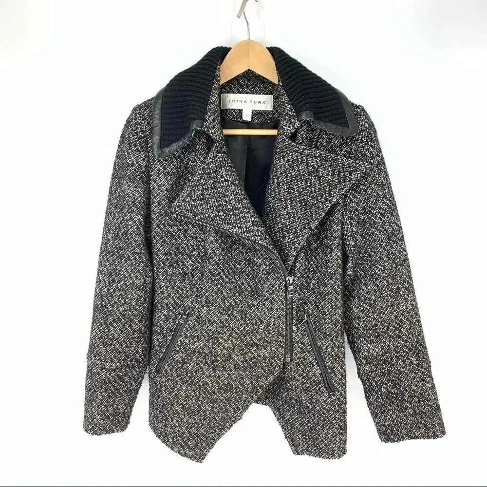 Trina Turk Boucle Tweed Moto zip jacket with leather trim